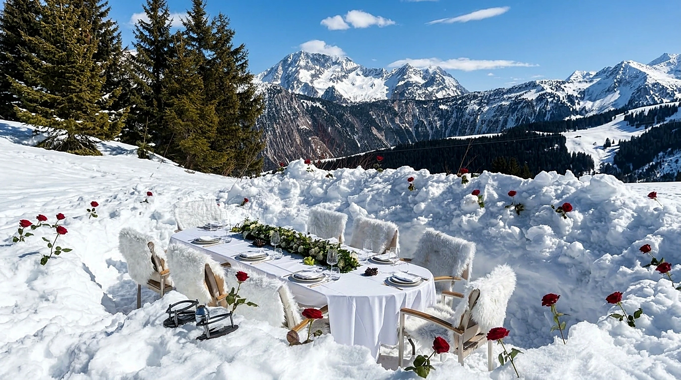 A long table under a white cloth with fur-covered chairs and red roses standing in the snow, alpine peaks under a blue sky behind